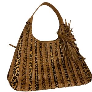 SHARIF 1827 Leather & Leopard Calf Hair Hobo Bag Tassel Boho Vintage Mob Wife